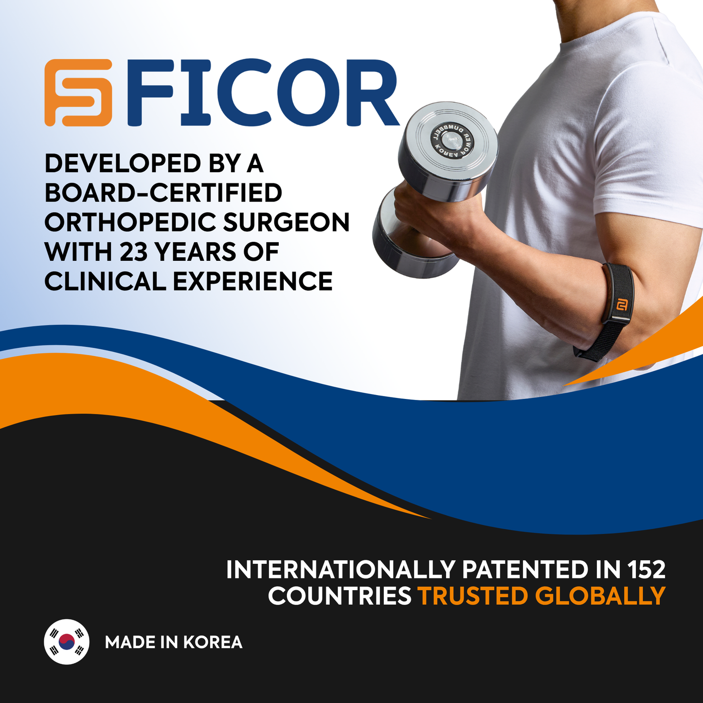 FICOR elbow stabilizer developed by board-certified orthopedic surgeon with 23 years of experience—internationally patented in 152 countries and trusted worldwide. Made in Korea.