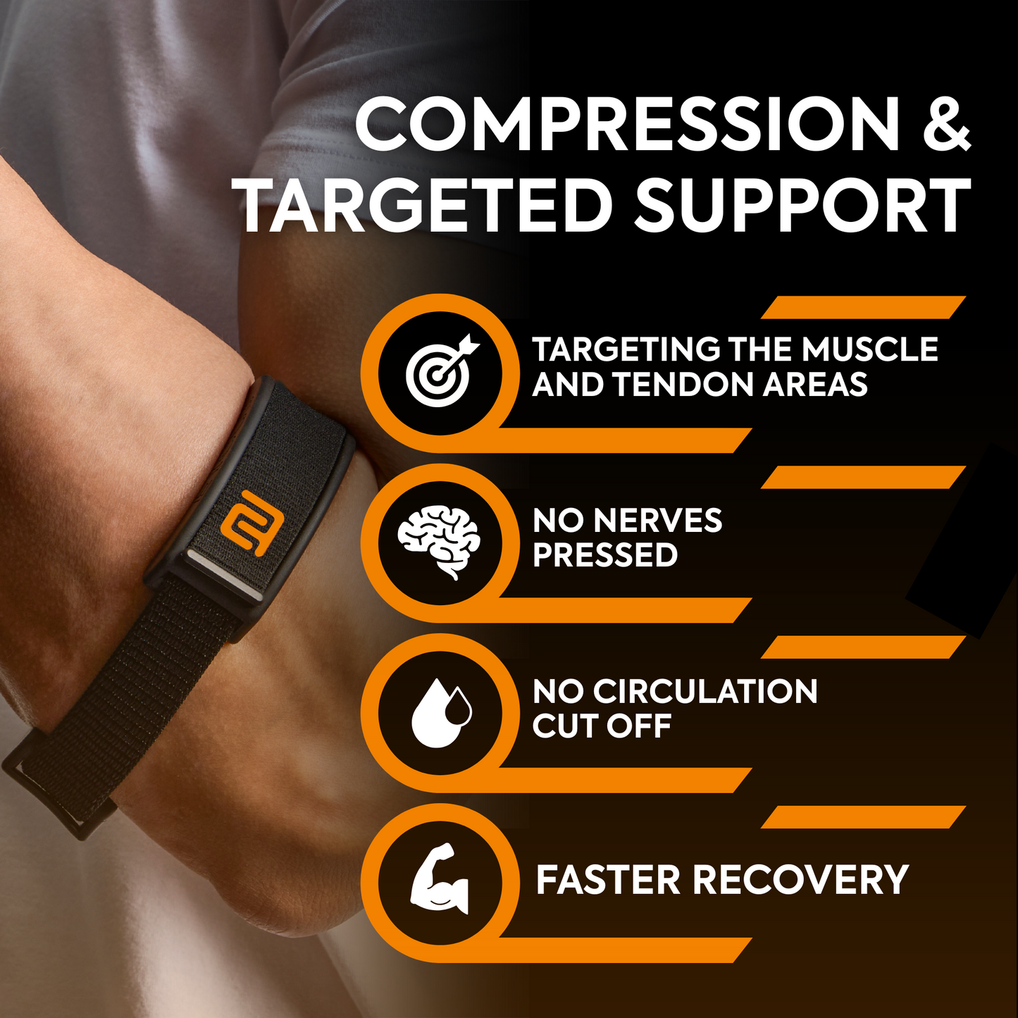 FICOR elbow tendonitis brace providing compression and targeted support for tennis elbow and golfer’s elbow relief—no nerves pressed, no circulation cut off, supports faster recovery.
