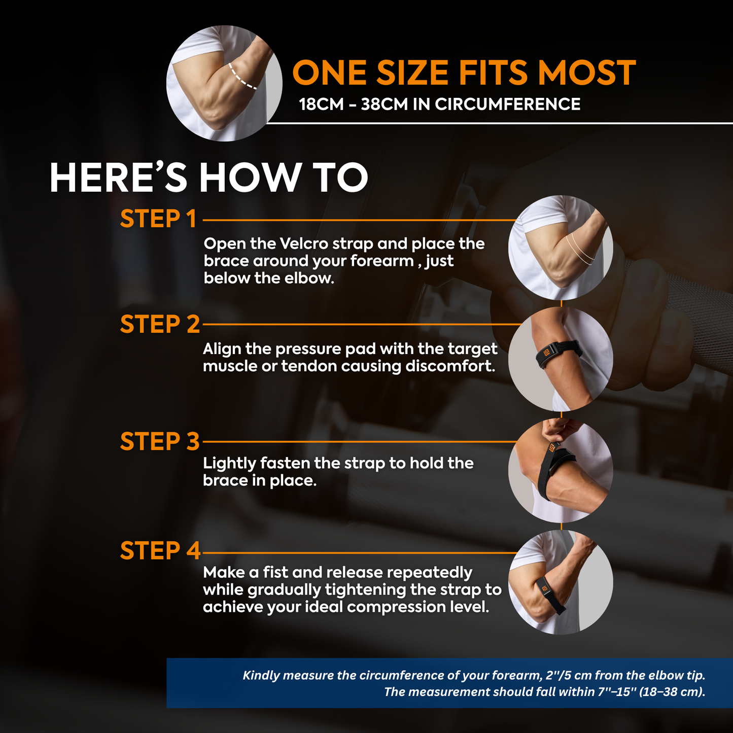 Step-by-step guide showing how to wear FICOR elbow brace—adjustable one-size-fits-most design (18–38cm) for tennis elbow and tendonitis support. Align pressure pad and tighten for ideal compression.