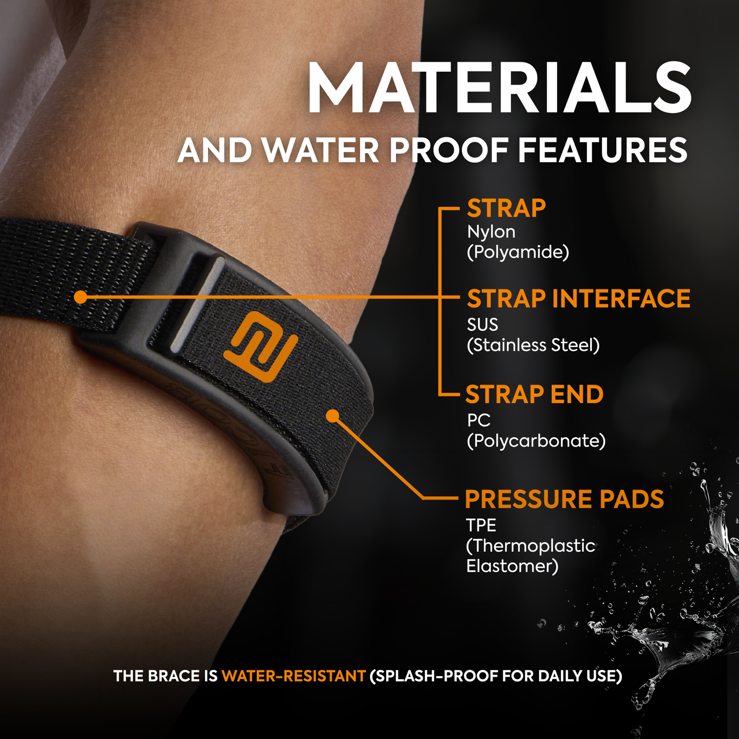 FICOR Active Elbow Stabilizer featuring water-resistant design and premium materials: nylon strap, stainless steel interface, polycarbonate ends, and TPE pressure pads for durable tendonitis support.