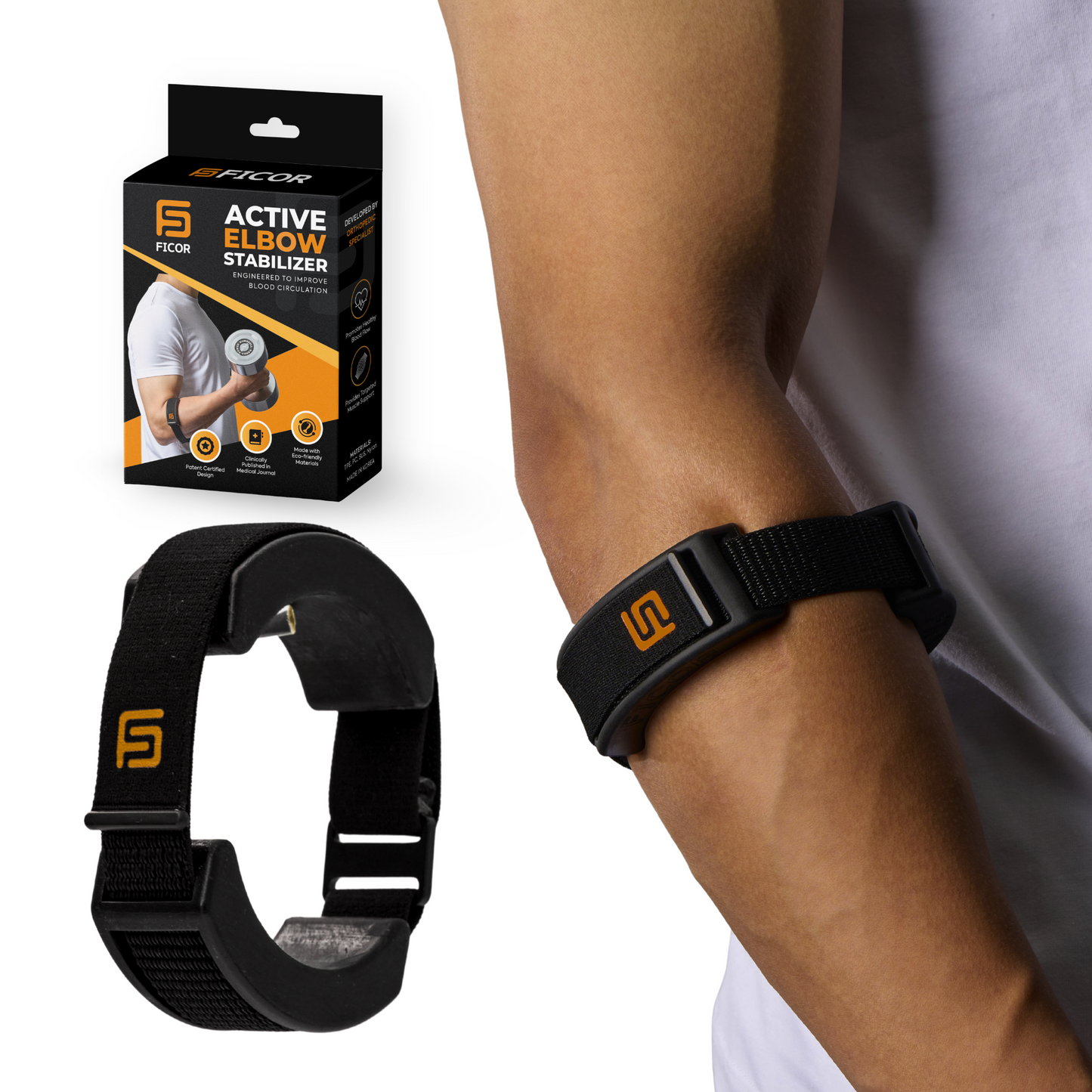 FICOR Active Elbow Stabilizer – tennis elbow brace engineered for lateral epicondylitis relief, golfers elbow treatment, and forearm tendonitis support. Precision counterforce strap avoids nerve compression, ideal for athletes and pickleball players. Comparable to Bauerfeind, Bandit, and Sleeve Stars braces.