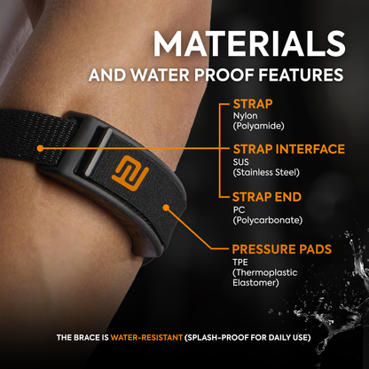 FICOR Active Elbow Stabilizer featuring water-resistant design and premium materials: nylon strap, stainless steel interface, polycarbonate ends, and TPE pressure pads for durable tendonitis support.